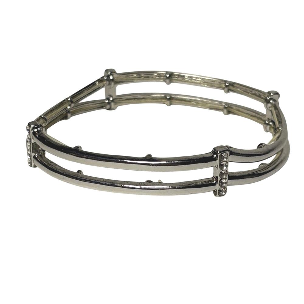 Silver Tone Double Row Stretch Bracelet Rhinestone Accent Minimalist Bangle